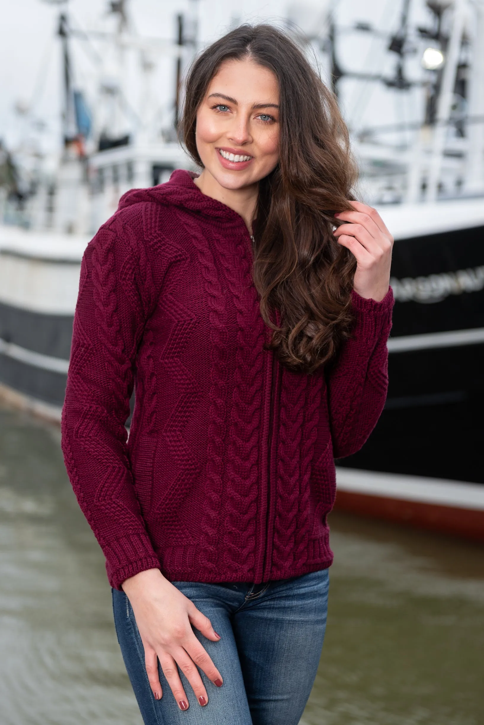 Aran Burgundy Hooded Cardigan