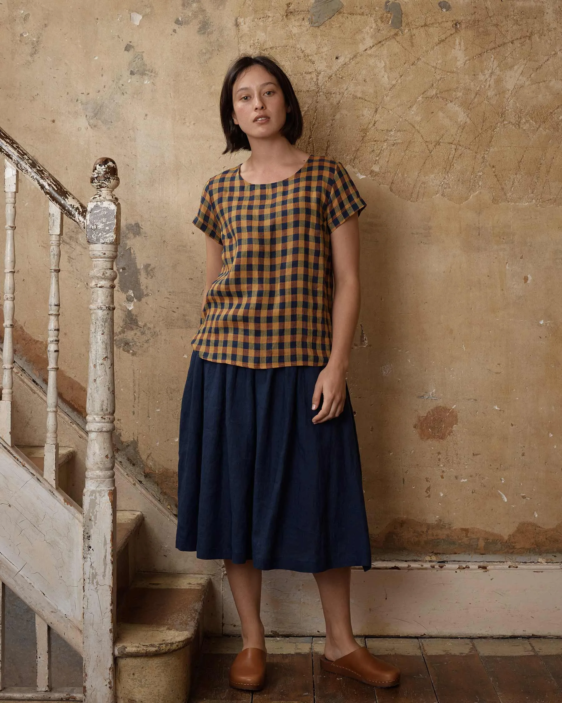 Blouse No.14 Linen T-shirt in Basque Check