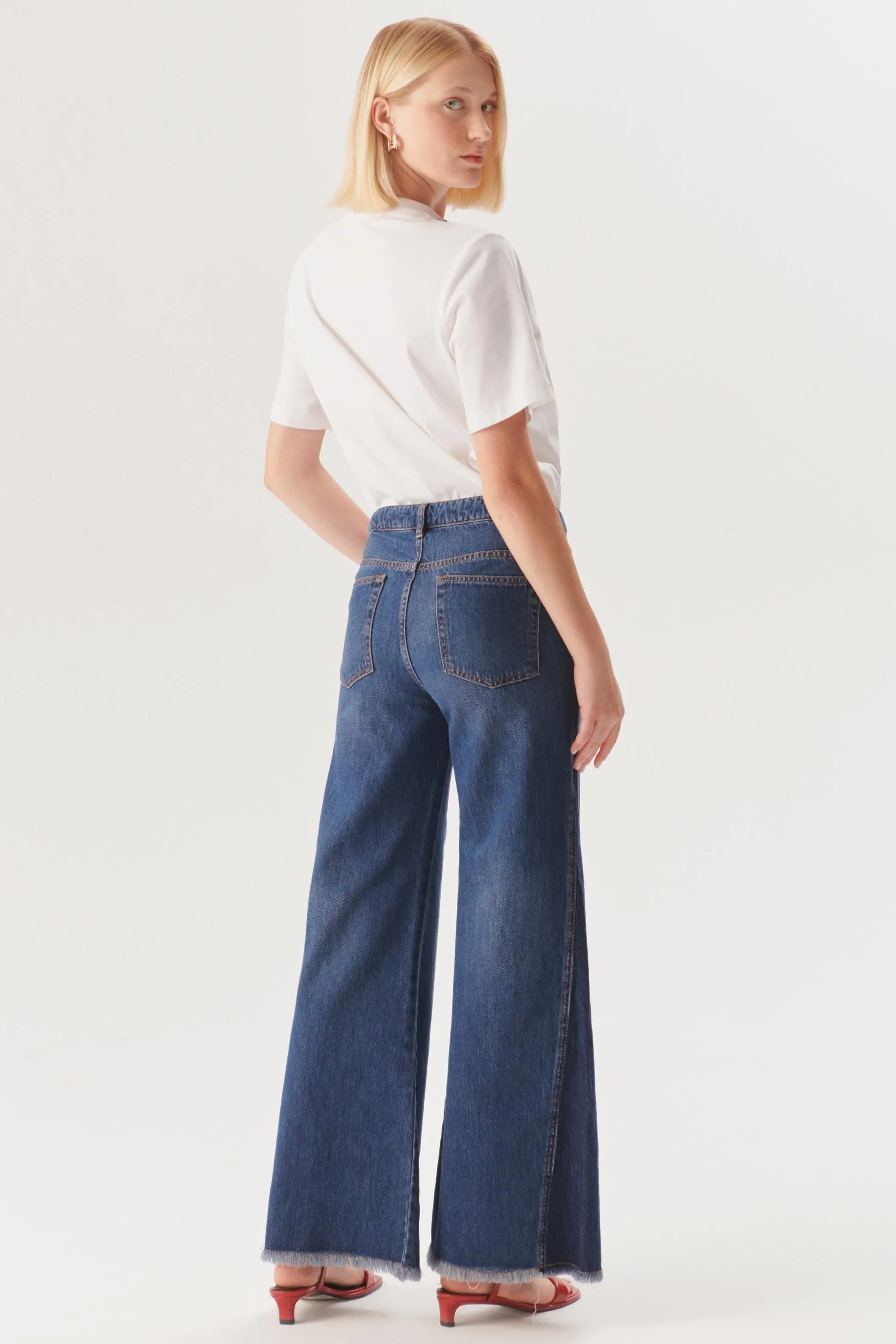 Blue Raw Hem Wide-Leg Jeans