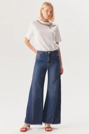 Blue Raw Hem Wide-Leg Jeans