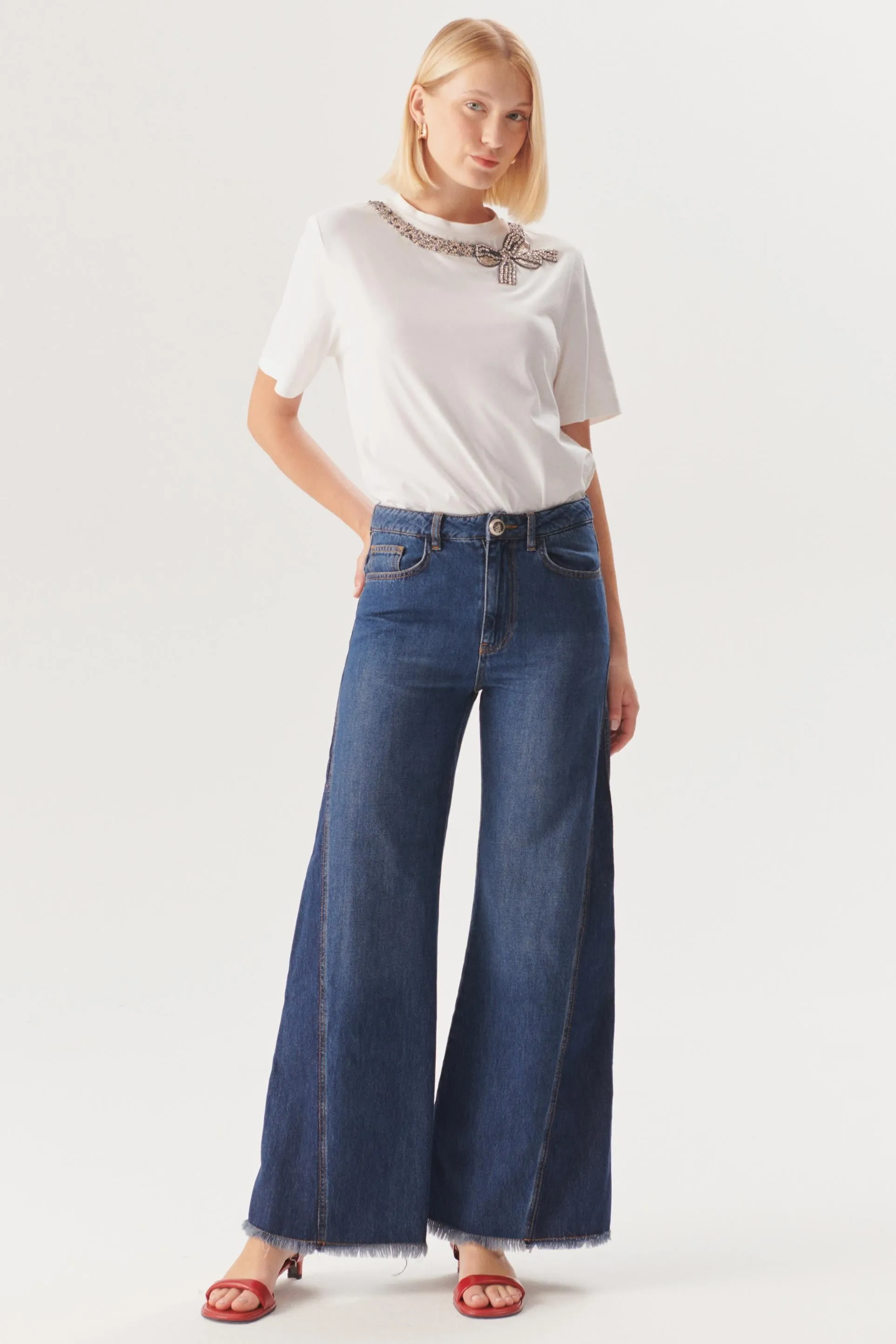 Blue Raw Hem Wide-Leg Jeans
