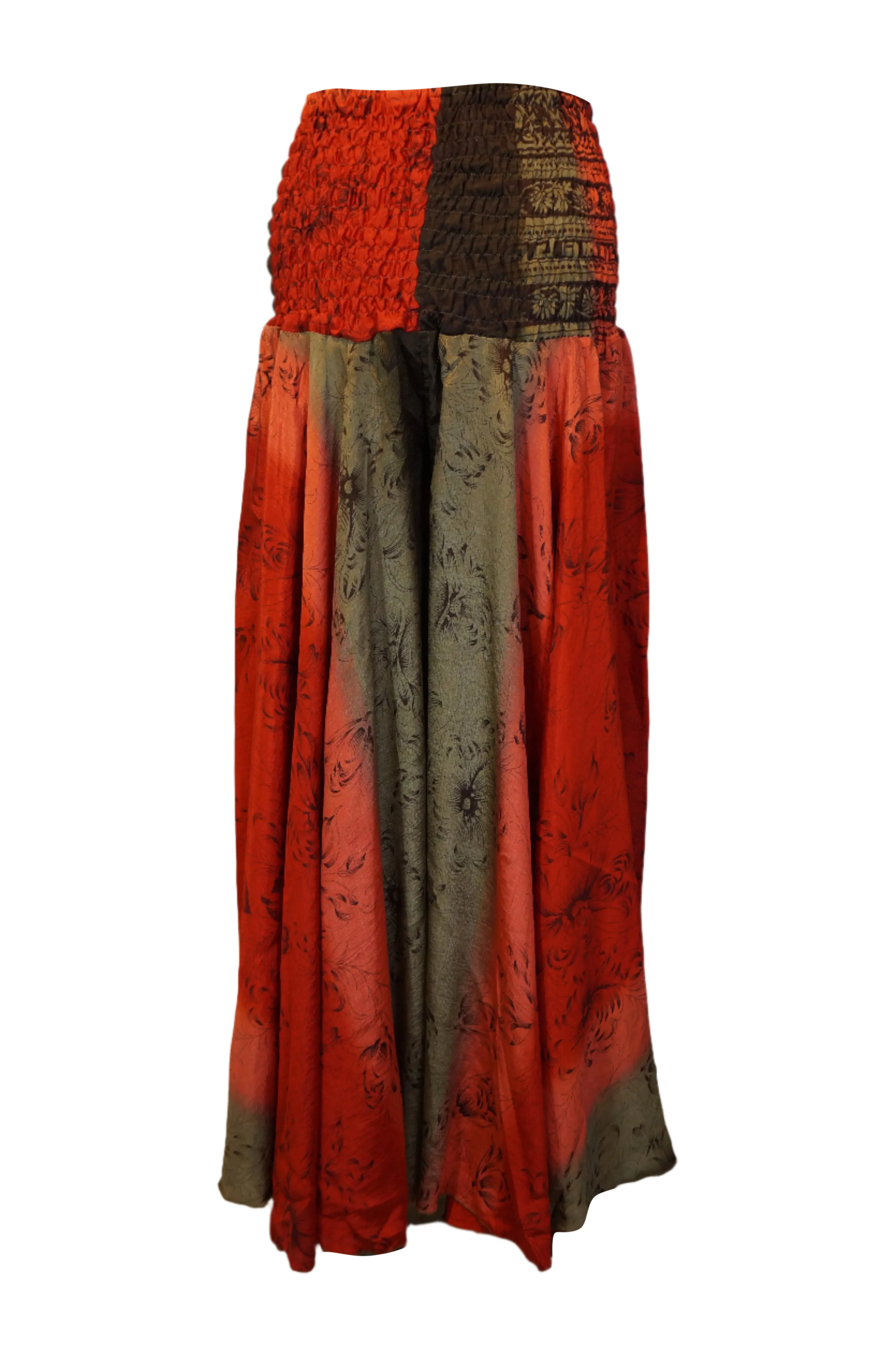 Boho Wide-Leg Palazzos in Candy Red & Beige with Whimsical Floral Accents SM