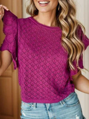 Butterfly Sleeve Eyelet Short Sleeve Knit Top