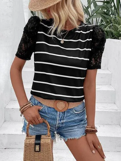 Cool Charm Lace Short Sleeve Striped Blouse