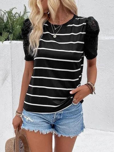 Cool Charm Lace Short Sleeve Striped Blouse