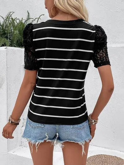 Cool Charm Lace Short Sleeve Striped Blouse