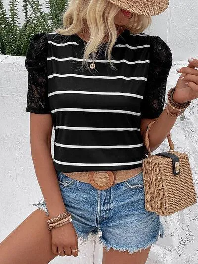 Cool Charm Lace Short Sleeve Striped Blouse