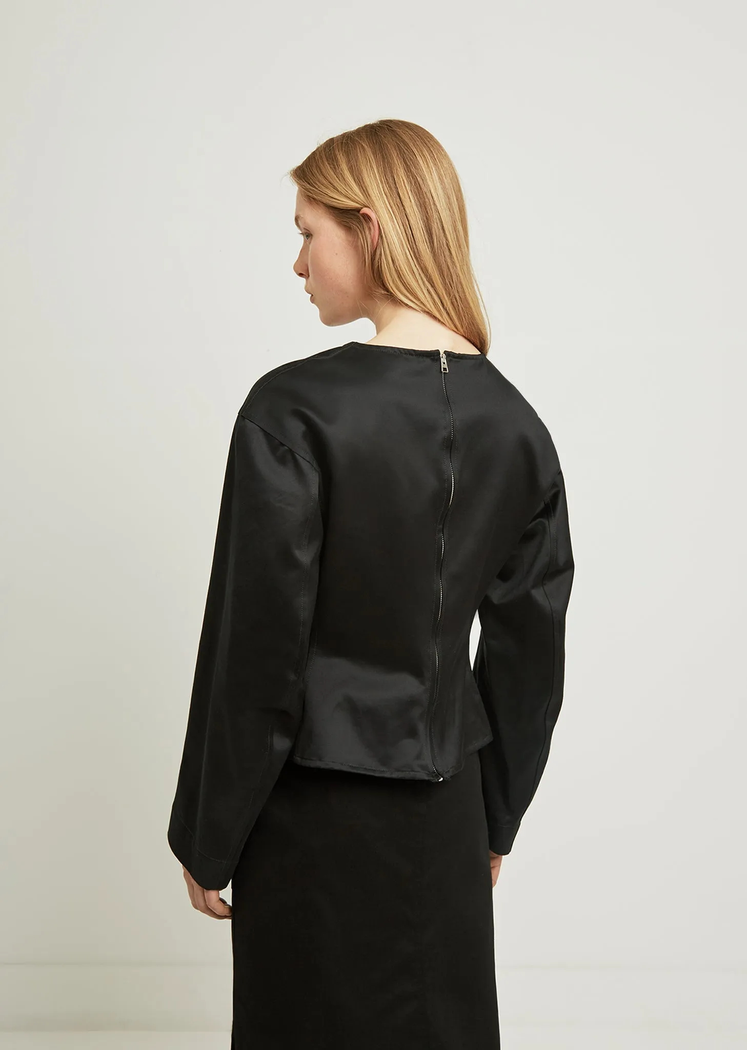 Cotton Satin Plastron Long Sleeve Top