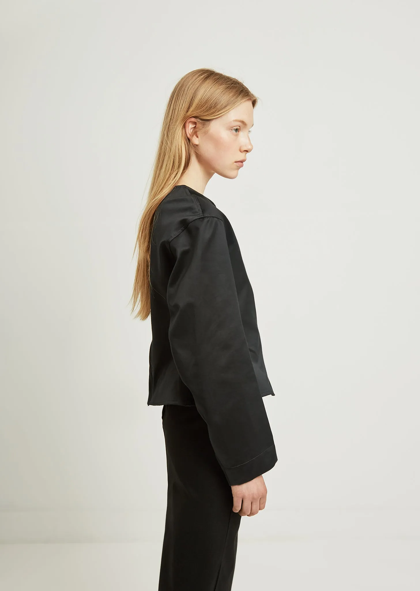 Cotton Satin Plastron Long Sleeve Top
