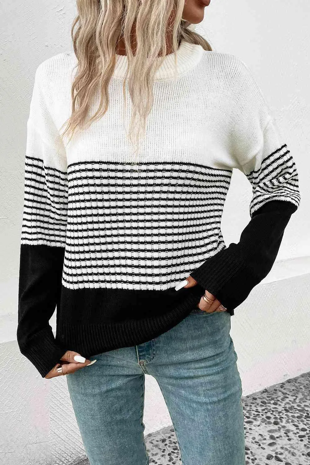 Cozy Staple Crew Neck Striped Knit Sweater