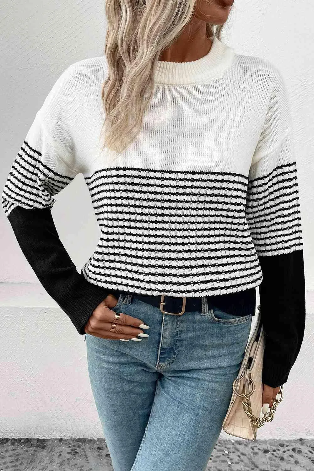 Cozy Staple Crew Neck Striped Knit Sweater