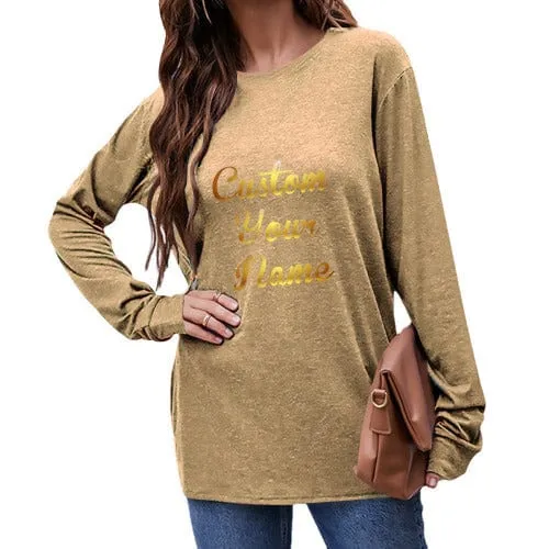 Custom Name Round Neck Long Sleeve T-shirt Multiple Simple Colors Women's Loose Print Tops