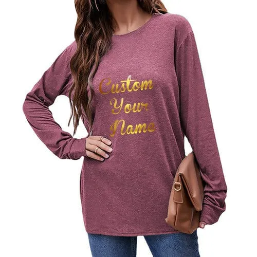 Custom Name Round Neck Long Sleeve T-shirt Multiple Simple Colors Women's Loose Print Tops
