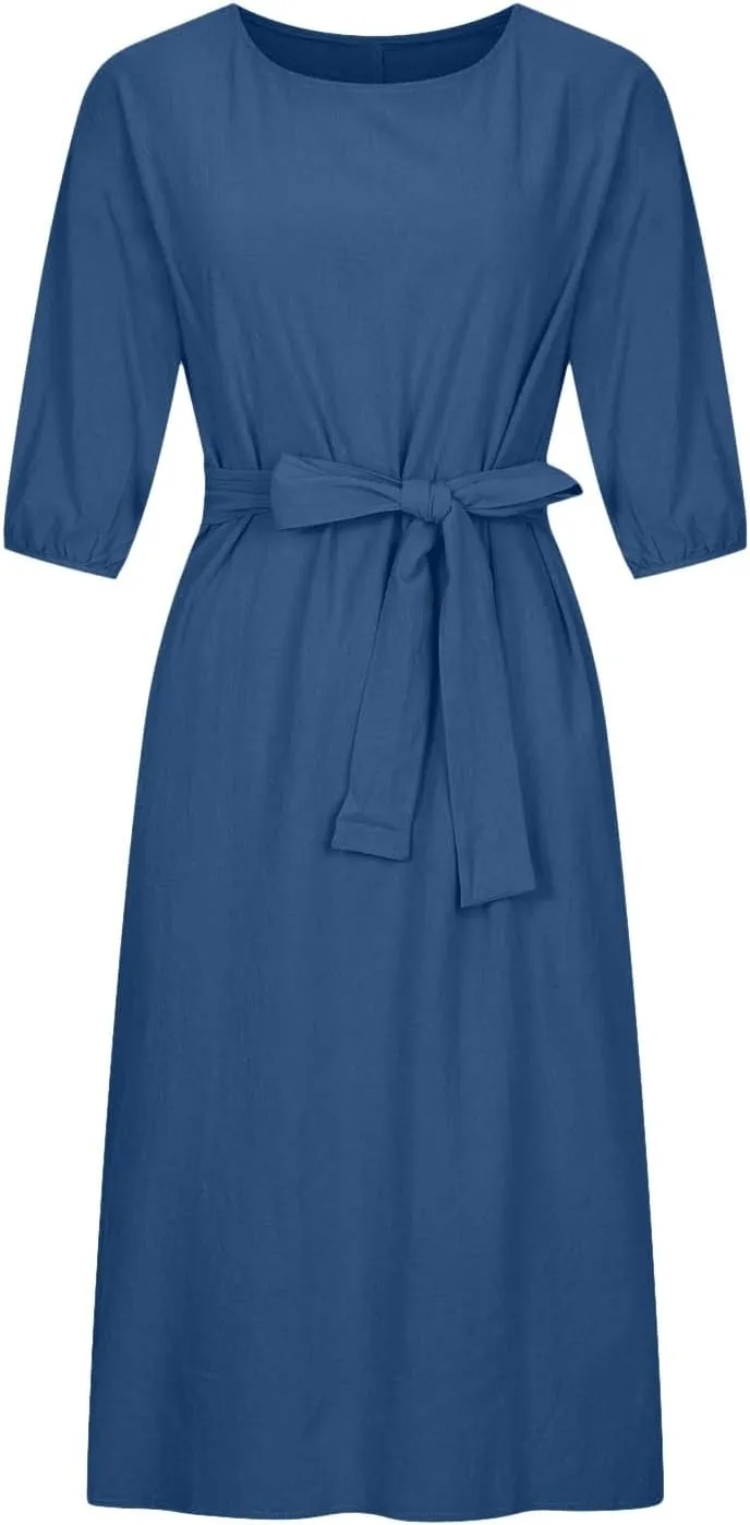 DDAPJ pyju Summer Midi Dresses for Women Plus Size Casual Half Sleeve Belted Crewneck Tshirt Dress Plain Beach Travel Dress