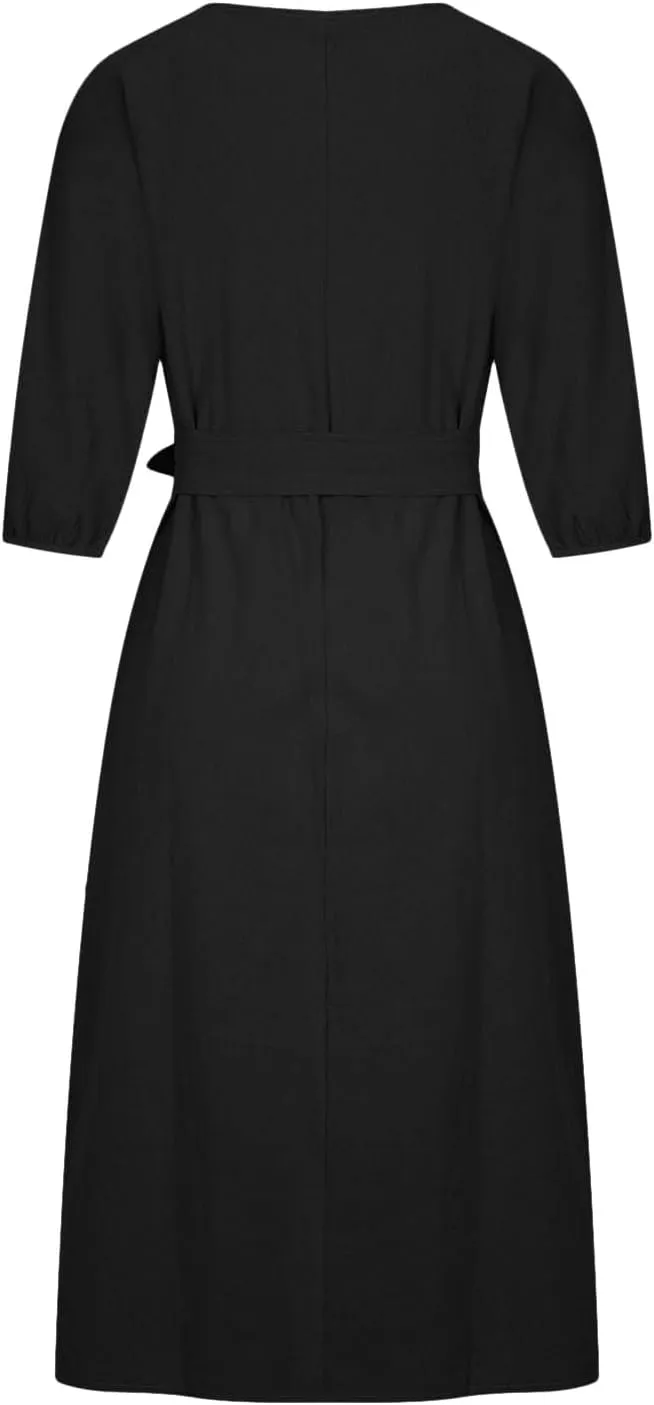 DDAPJ pyju Summer Midi Dresses for Women Plus Size Casual Half Sleeve Belted Crewneck Tshirt Dress Plain Beach Travel Dress