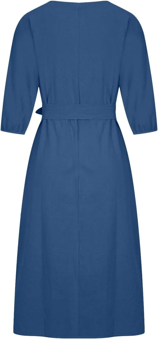 DDAPJ pyju Summer Midi Dresses for Women Plus Size Casual Half Sleeve Belted Crewneck Tshirt Dress Plain Beach Travel Dress
