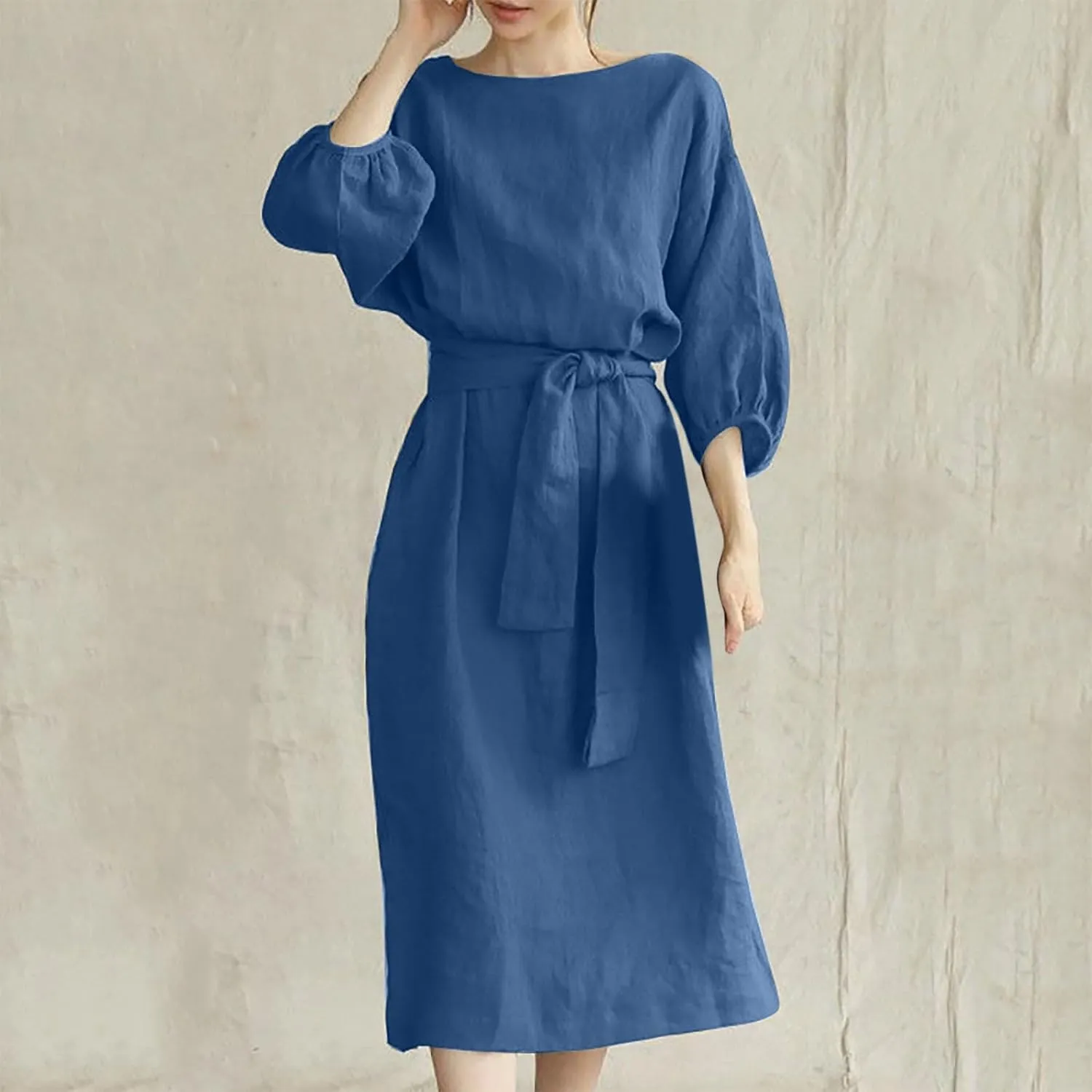 DDAPJ pyju Summer Midi Dresses for Women Plus Size Casual Half Sleeve Belted Crewneck Tshirt Dress Plain Beach Travel Dress