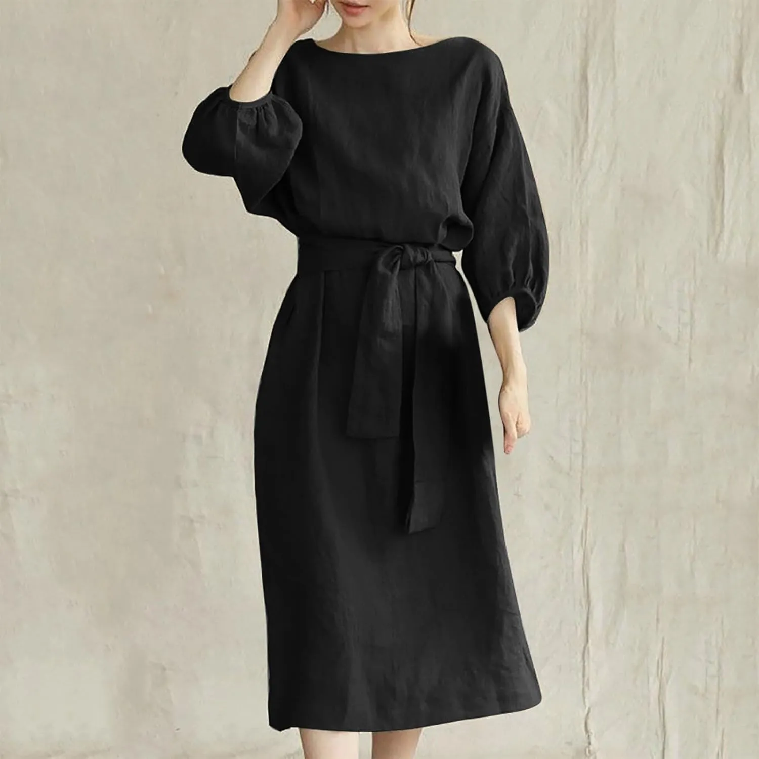 DDAPJ pyju Summer Midi Dresses for Women Plus Size Casual Half Sleeve Belted Crewneck Tshirt Dress Plain Beach Travel Dress