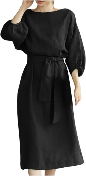 DDAPJ pyju Summer Midi Dresses for Women Plus Size Casual Half Sleeve Belted Crewneck Tshirt Dress Plain Beach Travel Dress