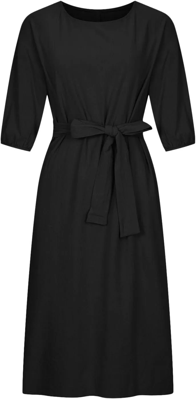 DDAPJ pyju Summer Midi Dresses for Women Plus Size Casual Half Sleeve Belted Crewneck Tshirt Dress Plain Beach Travel Dress