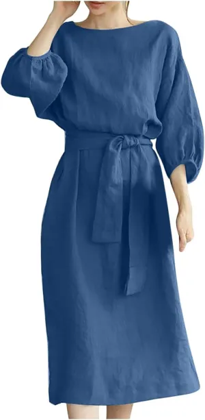 DDAPJ pyju Summer Midi Dresses for Women Plus Size Casual Half Sleeve Belted Crewneck Tshirt Dress Plain Beach Travel Dress