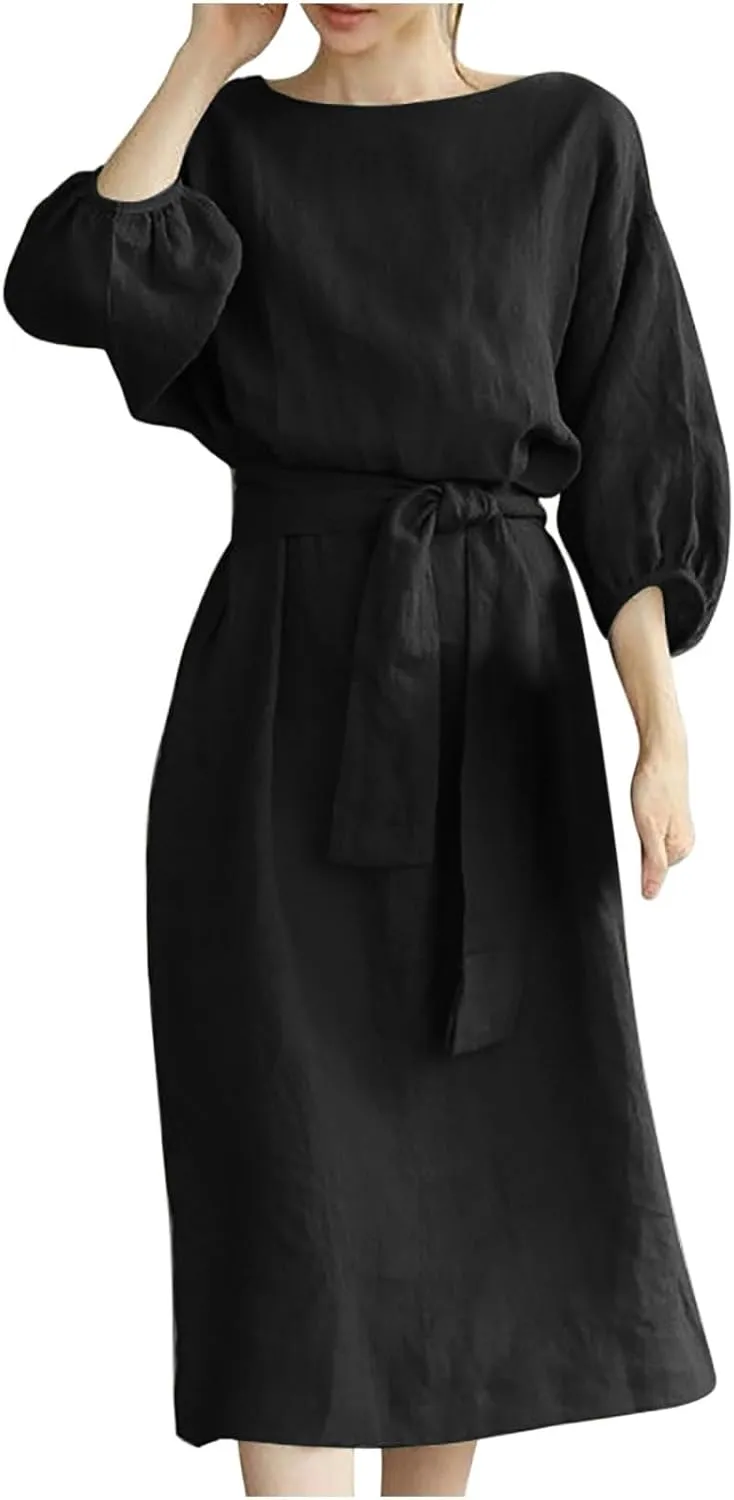 DDAPJ pyju Summer Midi Dresses for Women Plus Size Casual Half Sleeve Belted Crewneck Tshirt Dress Plain Beach Travel Dress