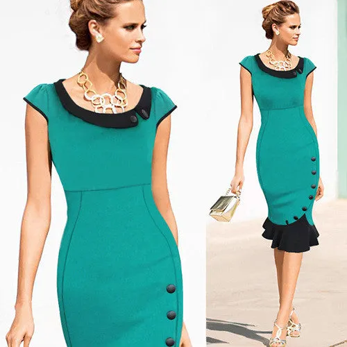 Doll Collar Patchwork Short Sleeves Mermaid Knee-length Evening Dress
