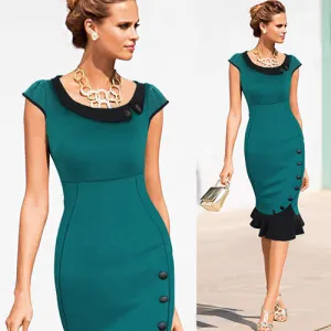 Doll Collar Patchwork Short Sleeves Mermaid Knee-length Evening Dress
