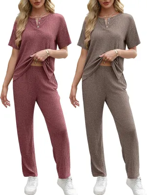 Ekouaer 2 Pack Womens Ribbed Knit Lounge Set Short Sleeve Loungewear Henly Neck Top and Pants Sleepwear Pajama with Pockets