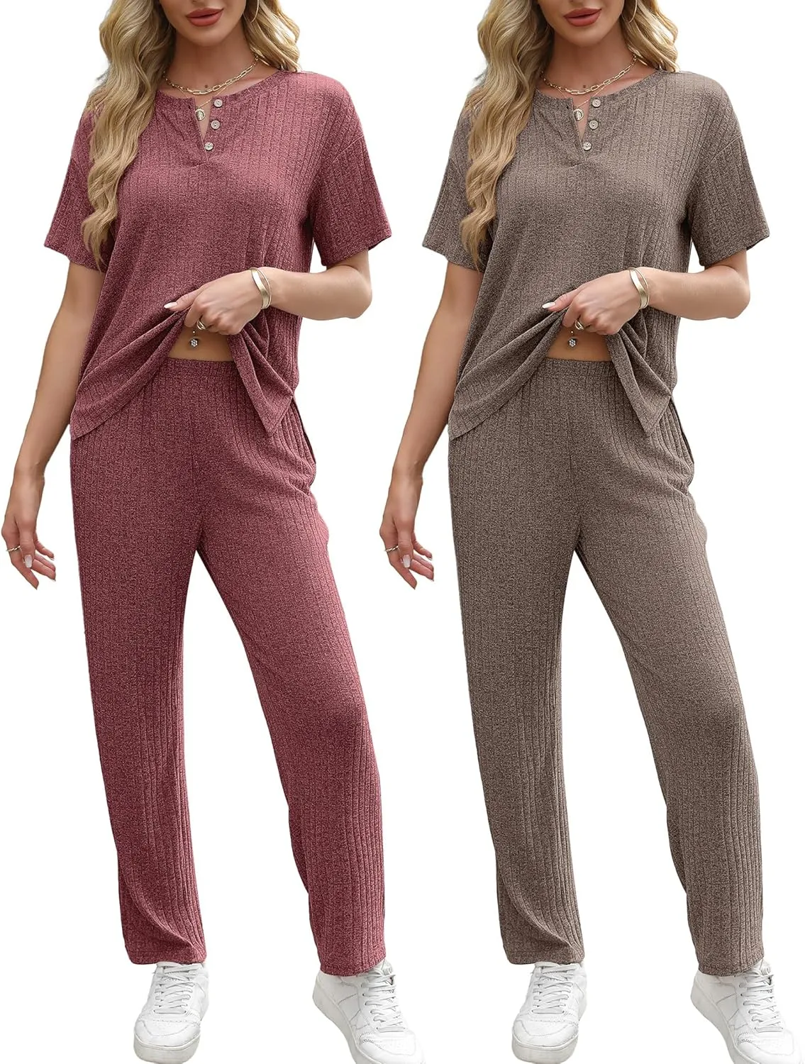 Ekouaer 2 Pack Womens Ribbed Knit Lounge Set Short Sleeve Loungewear Henly Neck Top and Pants Sleepwear Pajama with Pockets