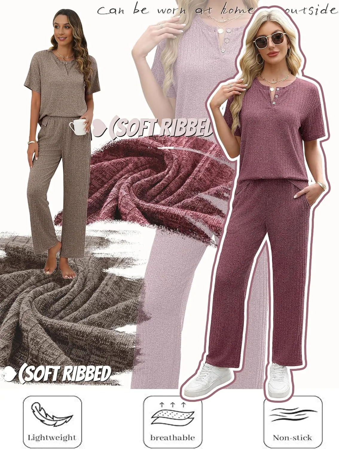 Ekouaer 2 Pack Womens Ribbed Knit Lounge Set Short Sleeve Loungewear Henly Neck Top and Pants Sleepwear Pajama with Pockets
