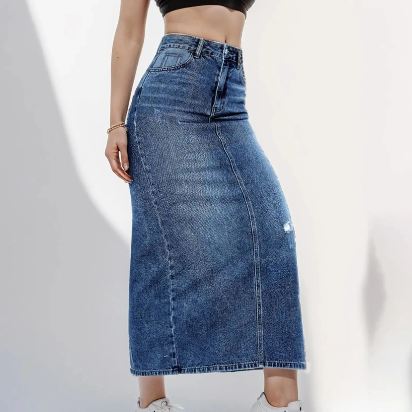 Fashion Side Split High Waist Straight Office Lady Black Blue Midi Jean Autumn Long Women's Skirt