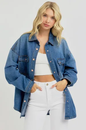 Full Size Snap Button Denim Shacket  Long Sleeve Layering Jacket by Fashion M&J