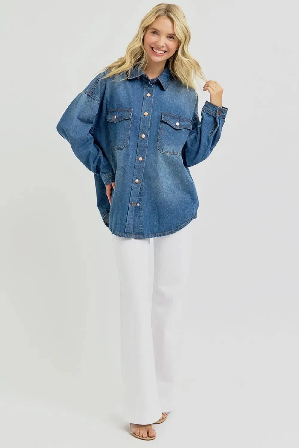 Full Size Snap Button Denim Shacket  Long Sleeve Layering Jacket by Fashion M&J