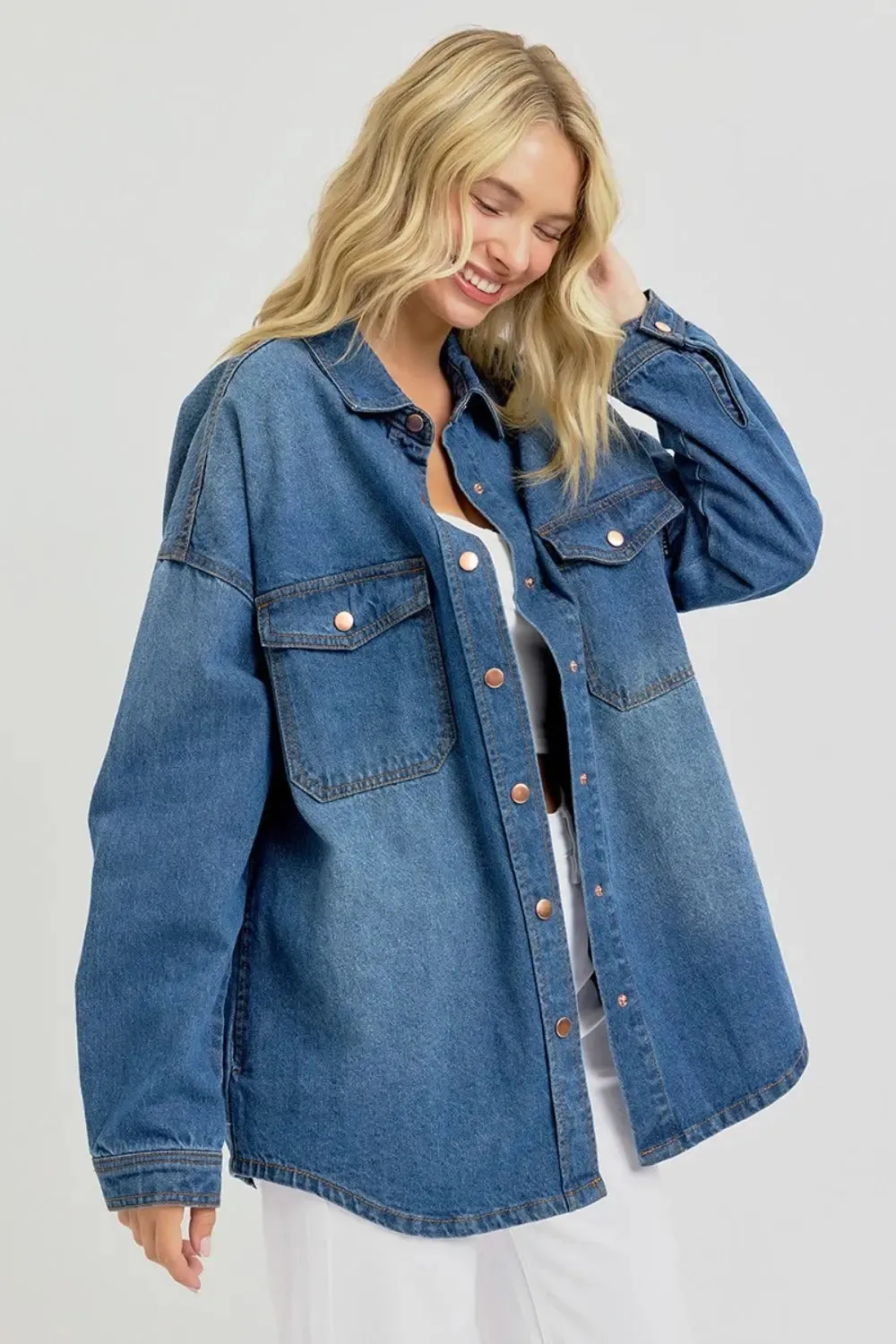 Full Size Snap Button Denim Shacket  Long Sleeve Layering Jacket by Fashion M&J