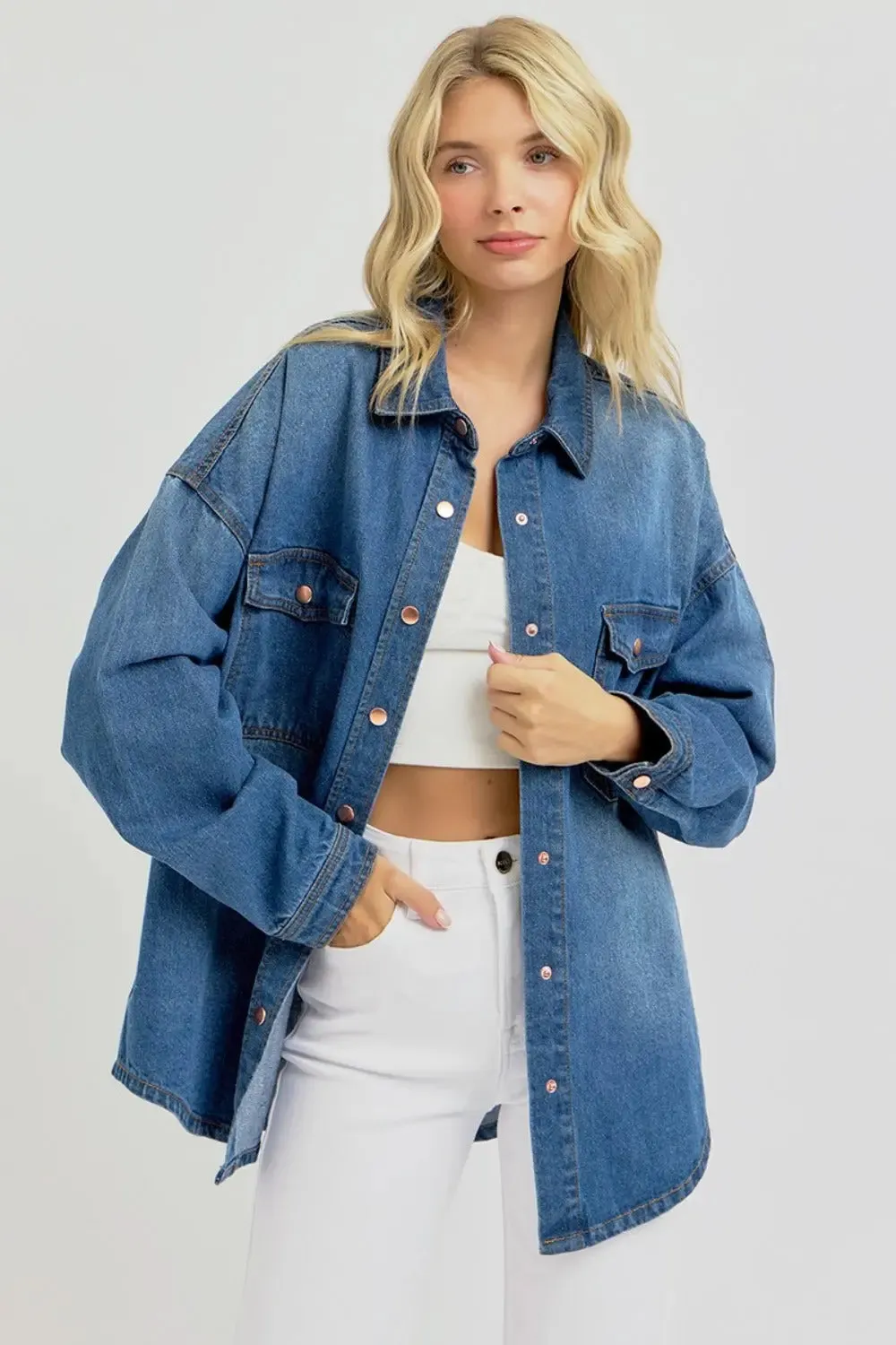 Full Size Snap Button Denim Shacket  Long Sleeve Layering Jacket by Fashion M&J