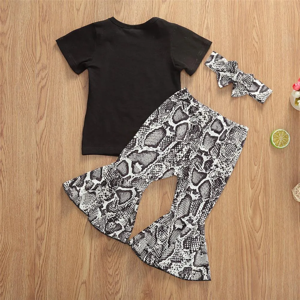 Girls Letter Printed Short Sleeve Tees & Snakeskin Flare Pants & Headband Wholesale Girls
