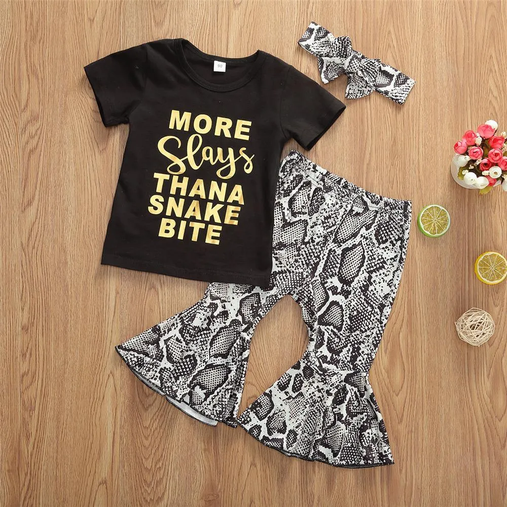 Girls Letter Printed Short Sleeve Tees & Snakeskin Flare Pants & Headband Wholesale Girls