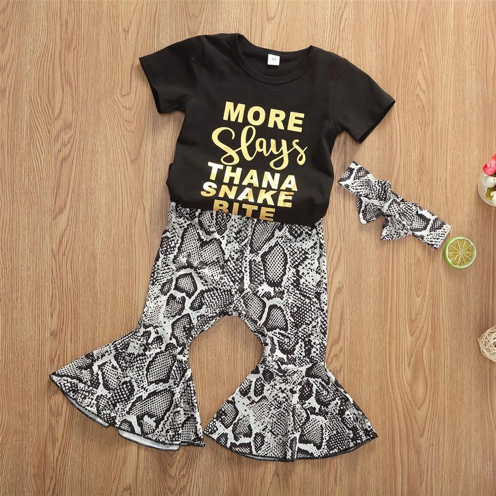 Girls Letter Printed Short Sleeve Tees & Snakeskin Flare Pants & Headband Wholesale Girls