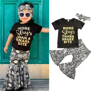 Girls Letter Printed Short Sleeve Tees & Snakeskin Flare Pants & Headband Wholesale Girls