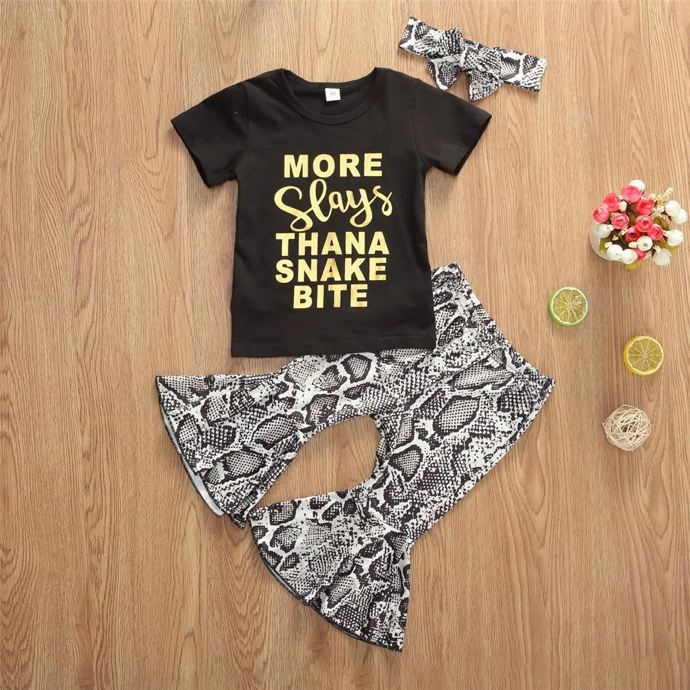 Girls Letter Printed Short Sleeve Tees & Snakeskin Flare Pants & Headband Wholesale Girls