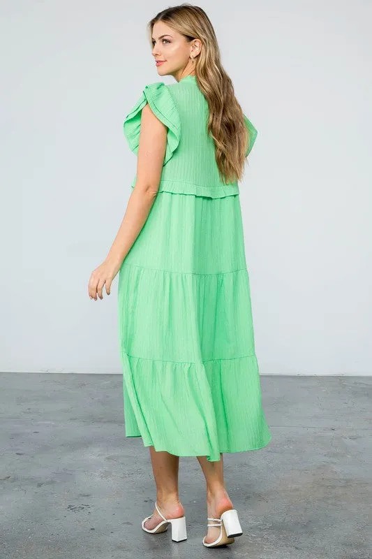Green Flutter Sleeve Tiered Midi Dress