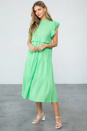 Green Flutter Sleeve Tiered Midi Dress