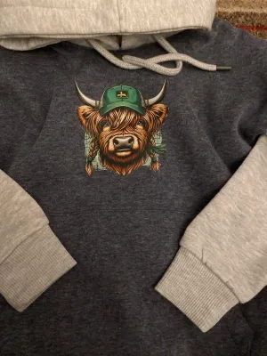 Highland Cow  girl face blue / grey Contrast Hoodie