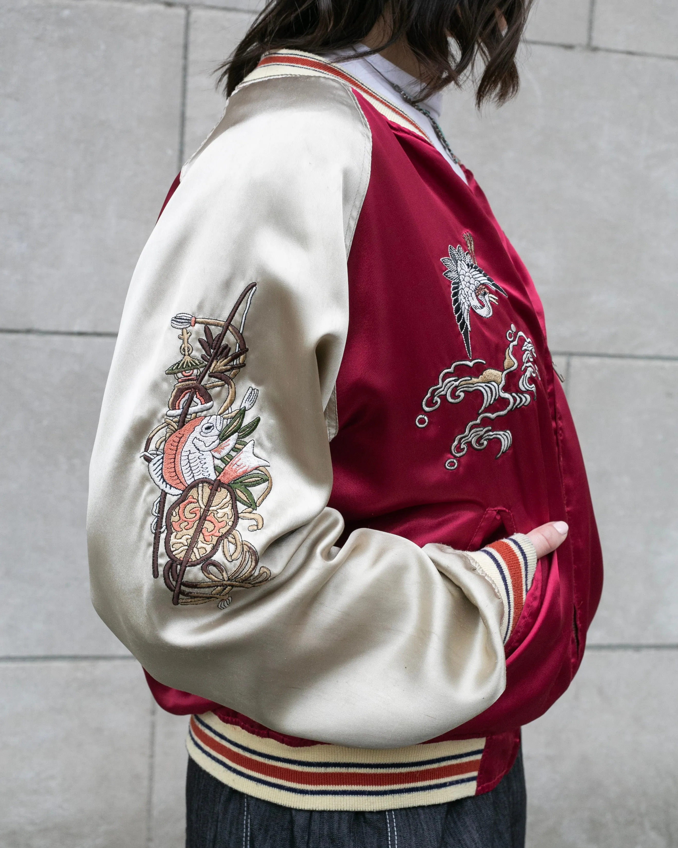 Japanese Repro Souvenir Jacket, Red with Seven Lucky Gods - S