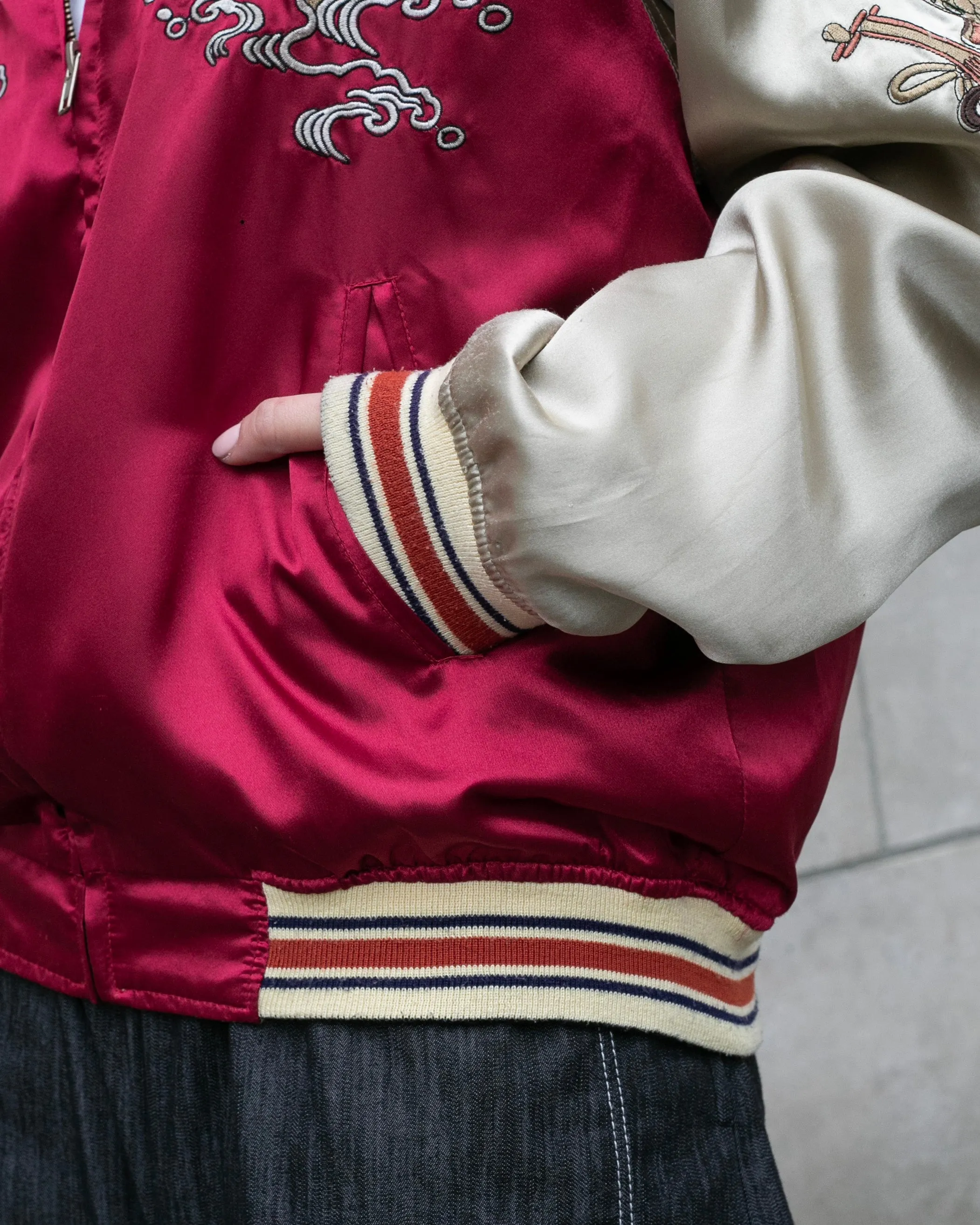 Japanese Repro Souvenir Jacket, Red with Seven Lucky Gods - S
