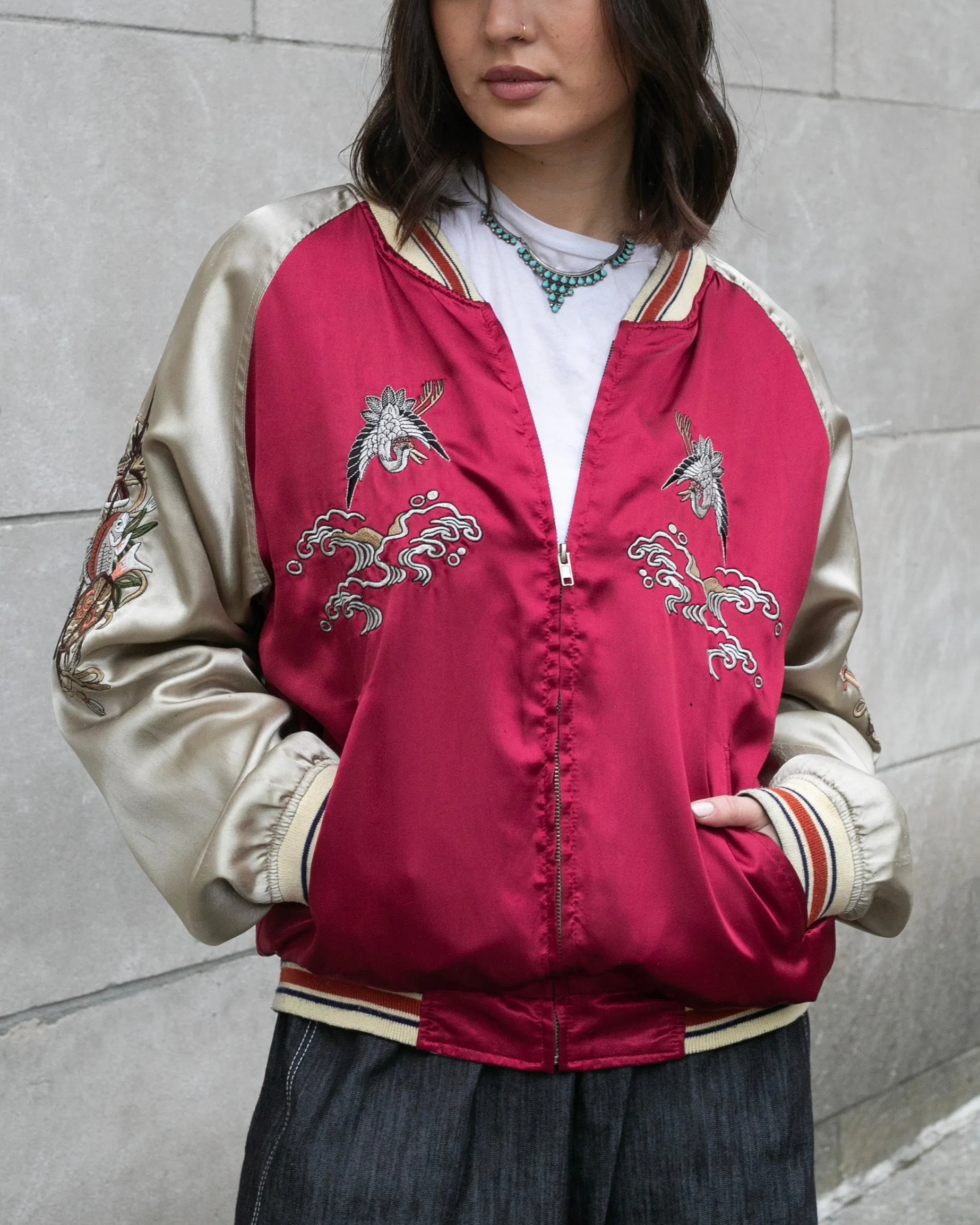 Japanese Repro Souvenir Jacket, Red with Seven Lucky Gods - S