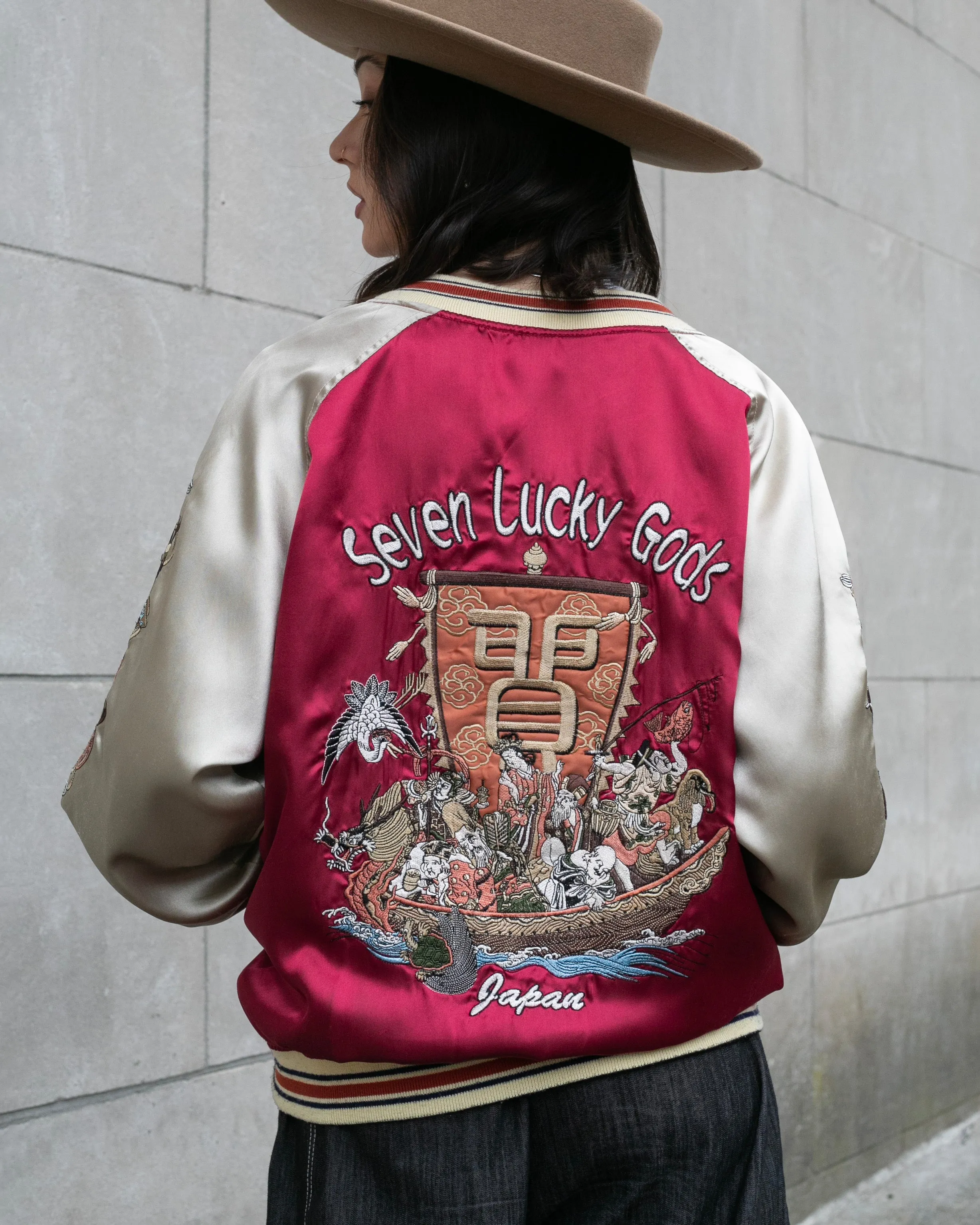 Japanese Repro Souvenir Jacket, Red with Seven Lucky Gods - S