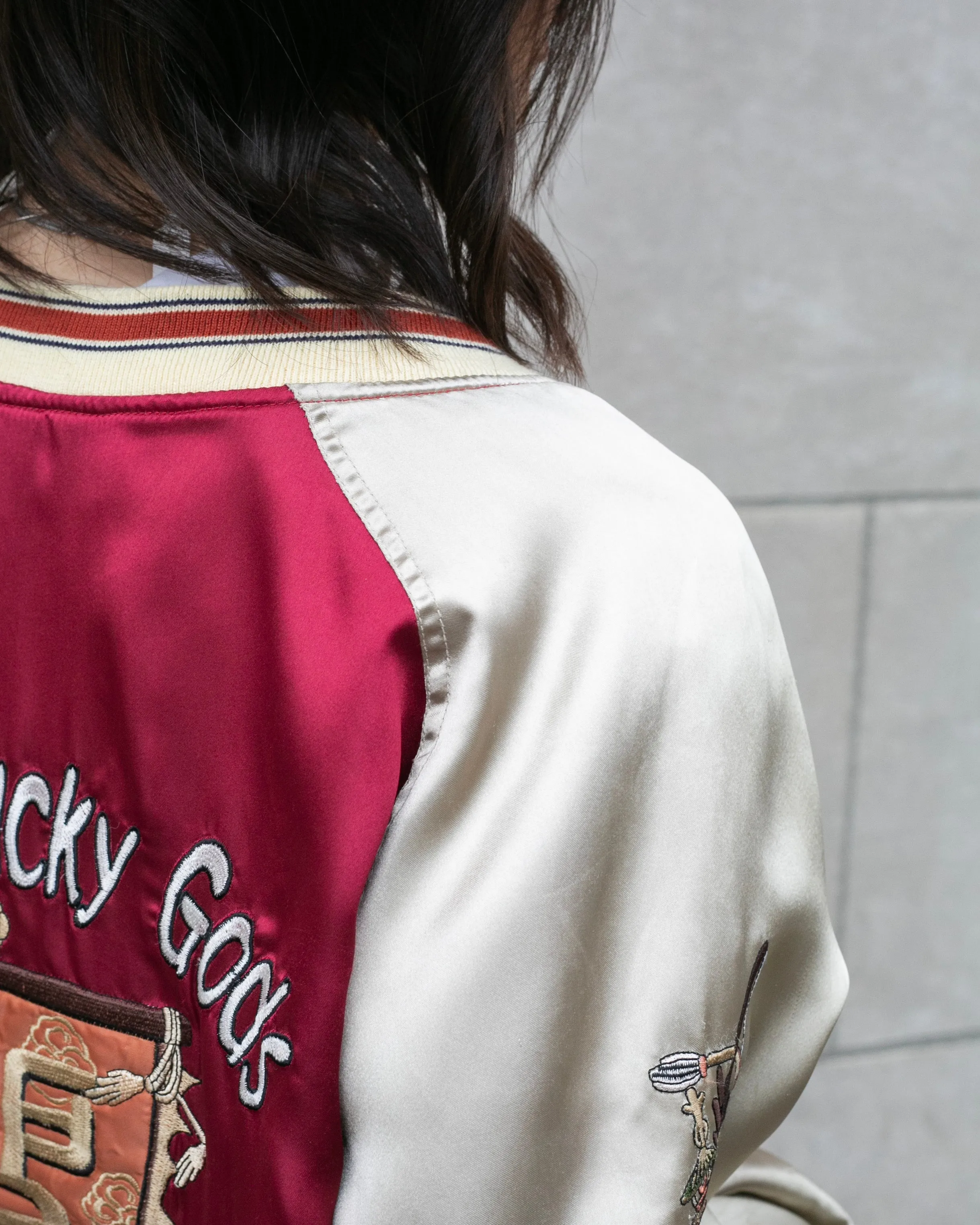 Japanese Repro Souvenir Jacket, Red with Seven Lucky Gods - S