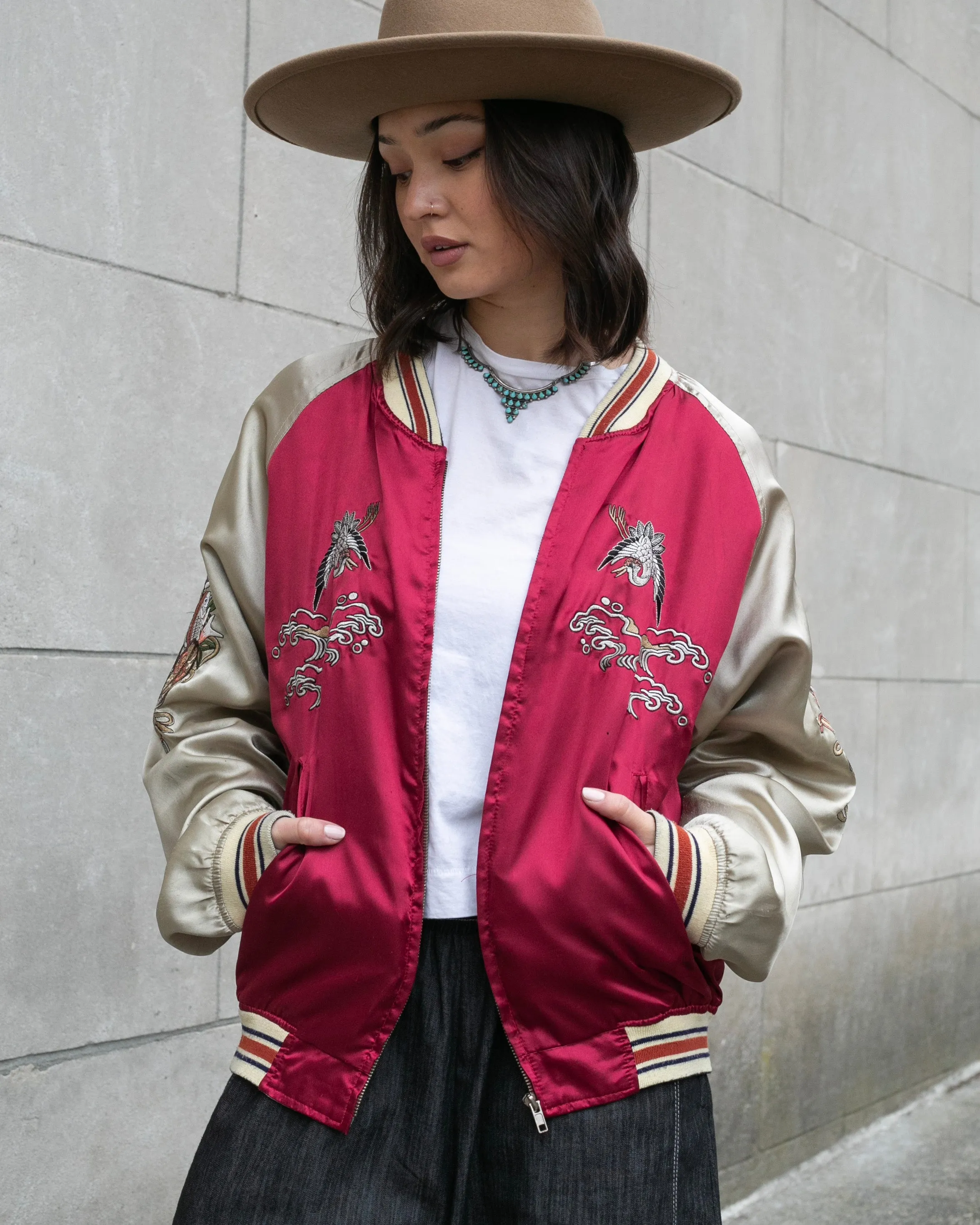Japanese Repro Souvenir Jacket, Red with Seven Lucky Gods - S